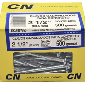 Nombre del producto: Clavo para concreto con cabeza 2 1/2" Categoría: Clavo Atributos del producto: - Material: Galvanizado - Tamaño: 2 1/2" (63.5 mm) - Peso: 500 gramos - Diseño: Cabeza - Color: Plateado Información adicional: - Uso: Especialmente diseñado para su uso en concreto. - Precauciones: Artículos punzocortantes. - Marca: CN Diferenciadores técnicos: - Tipo de clavo: Galvanizado, lo que proporciona resistencia a la corrosión. Esta descripción está basada en la información visual y textualmente evidente en la imagen proporcionada.