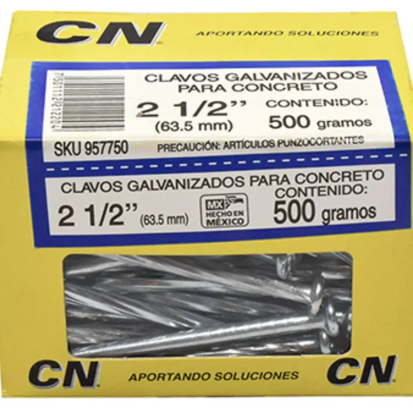 Nombre del producto: Clavo para concreto con cabeza 2 1/2" Categoría: Clavo Atributos del producto: - Material: Galvanizado - Tamaño: 2 1/2" (63.5 mm) - Peso: 500 gramos - Diseño: Cabeza - Color: Plateado Información adicional: - Uso: Especialmente diseñado para su uso en concreto. - Precauciones: Artículos punzocortantes. - Marca: CN Diferenciadores técnicos: - Tipo de clavo: Galvanizado, lo que proporciona resistencia a la corrosión. Esta descripción está basada en la información visual y textualmente evidente en la imagen proporcionada.