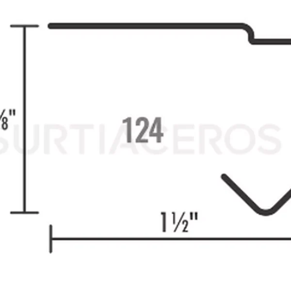 Nombre del producto: TUBULAR 124 CAL.18 Categoría: Perfil Atributos del producto: - Material: Acero (inferido por el contexto de "TUBULAR") - Color: No especificado en la imagen - Tamaño: - Altura: 5/8" - Ancho: 1½" - Forma: Perfil tubular con un diseño en "U" Detalles técnicos: - Identificación: Número "124" visible en el centro del perfil - Diseño: Perfil tubular, con un corte en "U" en uno de los extremos Uso y funcionalidad: - El perfil tubular es comúnmente utilizado en estructuras metálicas, refuerzos y aplicaciones que requieren resistencia y durabilidad. Texto visible: - “124” - “Surtíaceros” (probable marca) Diferenciadores o elementos técnicos: - Se observan especificaciones dimensionales que son clave para la aplicación del producto. - Conectores o uniones no son visibles en esta imagen. Marca: Surtíaceros (inferido por el texto visible). Esta información se basa únicamente en la imagen y los datos proporcionados.
