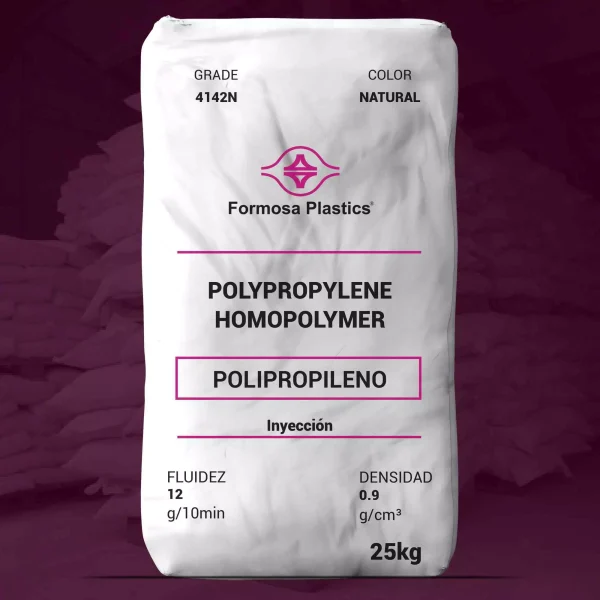 Nombre del producto: Formolene 4142N Categoría: Polipropileno Características del producto: - Material: Polipropileno homopolímero - Color: Natural - Fluidez: 12 g/10 min - Densidad: 0.9 g/cm³ - Presentación: 25 kg Uso y funcionalidad: - Aplicaciones: Inyección, adecuado para electrodomésticos, cierres y programas de paredes delgadas. - Apto para contacto directo con alimentos, conforme a las regulaciones de la FDA (21 CFR 177.1520). Diferenciadores técnicos: - Contiene estabilizadores y aditivos únicos para mejorar la procesabilidad y el rendimiento del producto. - Libre de contenido de origen animal. **No se encontraron características visuales adicionales en la imagen.**