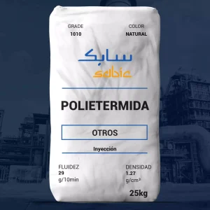 Nombre del producto: OTR - MFI29 - SABIC - PEI ULTEM 1010 Marca: SABIC Categoría: Otros Color: Natural Peso: 25 kg Densidad: 1.27 g/cm³ Fluidez: 29 g/10min Material: Polieterimida (PEI) Características: - Tipo: Unreinforced amorphous - Usos: Inyección Información adicional: El producto se presenta en forma de bolsa con etiquetas evidentes que incluyen el nombre del material, características y datos relevantes sobre su composición.