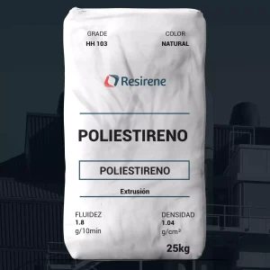 Nombre del producto: PE - GPPS - MFI1.8 - RESIRENE - HH 103 Categoría: Poliestireno Marca: Resirene Color: Natural Peso: 25 kg Características Técnicas: - Fluidez: 1.8 g/10 min - Densidad: 1.04 g/cm³ Aplicaciones: - Espumado - Extrusión de lámina - Vasos, platos y cubiertos desechables - Mezclas con HIPS Propiedades Mecánicas: - Elongación a la ruptura: 5% - Tensión a la ruptura: 7,000 Psi (48 MPa) - Módulo en tensión: 500 Kpsi (3,450 MPa) Propiedades Térmicas: - Temperatura Vicat: 207°F (97°C) - HDT @ 264 psi: 190°F (87°C) Ópticas: - Transmisión de luz: 90% Condiciones de Extrusión: - Temperaturas en zonas de extrusión detalladas. Advertencias: - Combustión puede generar humos peligrosos. Nota: Los datos están proporcionados como guía, no como especificaciones definitivas.
