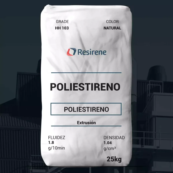 Nombre del producto: PE - GPPS - MFI1.8 - RESIRENE - HH 103 Categoría: Poliestireno Marca: Resirene Color: Natural Peso: 25 kg Características Técnicas: - Fluidez: 1.8 g/10 min - Densidad: 1.04 g/cm³ Aplicaciones: - Espumado - Extrusión de lámina - Vasos, platos y cubiertos desechables - Mezclas con HIPS Propiedades Mecánicas: - Elongación a la ruptura: 5% - Tensión a la ruptura: 7,000 Psi (48 MPa) - Módulo en tensión: 500 Kpsi (3,450 MPa) Propiedades Térmicas: - Temperatura Vicat: 207°F (97°C) - HDT @ 264 psi: 190°F (87°C) Ópticas: - Transmisión de luz: 90% Condiciones de Extrusión: - Temperaturas en zonas de extrusión detalladas. Advertencias: - Combustión puede generar humos peligrosos. Nota: Los datos están proporcionados como guía, no como especificaciones definitivas.