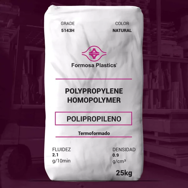 Nombre del producto: Formolene 5143H Categoría: Polipropileno Atributos del producto: - Material: Polipropileno homopolímero - Color: Natural - Tamaño: 25 kg - Fluidez: 2.1 g/10 min - Densidad: 0.9 g/cm³ - Uso: Termoformado Características destacadas: - Diseñado para aplicaciones de extrusión de láminas y termoformado - Buena claridad con un balance de rigidez y resistencia al impacto Diferenciadores técnicos: - Ventana amplia de formación - Rápido tiempo de preparación Cumple con las regulaciones de la FDA para contacto directo con alimentos. Libre de contenido de origen animal. Marca: Formosa Plastics
