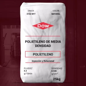 Nombre del producto: PE-MDPE DPDA-3152 NT7-DOW Categoría: Polietileno Marca: DOW Color: Natural Tamaño del paquete: 25 kg **Características del producto:** - Tipo de material: Polietileno de Media Densidad (MDPE) - Fluidez: 5.2 g/10 min - Densidad: 0.935 g/cm³ - Métodos de procesamiento: Inyección y rotacional **Aplicaciones:** - Contenedores intermedios para productos a granel - Juguetes - Moldeado a medida para usos generales - Tanques de almacenamiento agrícola - Tanques de agua - Piezas marítimas - Artículos de consumo para uso interior **Propiedades mecánicas:** - Excelente resistencia al impacto - Resistencia al resquebrajamiento bajo tensión - Estabilidad frente a rayos UV **Regulaciones cumplidas:** - FDA (Regulación 21 CFR 177.1520) - HPFB de Canadá - Underwriters Laboratories Inc. - NSF/ANSI 61 **Notas:** Este producto ha sido diseñado para mantener una buena retención de color y una larga vida útil, y no contiene aditivos antibloqueo, deslizantes ni ayuda de proceso.