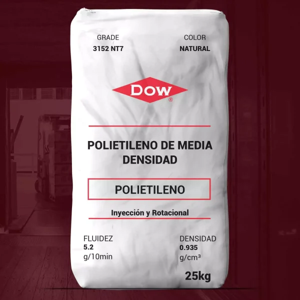 Nombre del producto: PE-MDPE DPDA-3152 NT7-DOW Categoría: Polietileno Marca: DOW Color: Natural Tamaño del paquete: 25 kg **Características del producto:** - Tipo de material: Polietileno de Media Densidad (MDPE) - Fluidez: 5.2 g/10 min - Densidad: 0.935 g/cm³ - Métodos de procesamiento: Inyección y rotacional **Aplicaciones:** - Contenedores intermedios para productos a granel - Juguetes - Moldeado a medida para usos generales - Tanques de almacenamiento agrícola - Tanques de agua - Piezas marítimas - Artículos de consumo para uso interior **Propiedades mecánicas:** - Excelente resistencia al impacto - Resistencia al resquebrajamiento bajo tensión - Estabilidad frente a rayos UV **Regulaciones cumplidas:** - FDA (Regulación 21 CFR 177.1520) - HPFB de Canadá - Underwriters Laboratories Inc. - NSF/ANSI 61 **Notas:** Este producto ha sido diseñado para mantener una buena retención de color y una larga vida útil, y no contiene aditivos antibloqueo, deslizantes ni ayuda de proceso.
