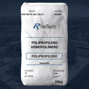 Nombre del producto: PP - PPR - MFI17 - RHETECH - PPR T20P100-01 20% TALCO Categoría: Polipropileno Marca: rheTech Material: Polipropileno homopolímero Color: Negro Número de producto: T20P100-01 Fluidez: 17 g/10min Densidad: 1.05 g/cm³ Capacidad: 25 kg Uso: Inyección Diferenciadores técnicos: - Contiene 20% de talco - Específico para aplicaciones de inyección Características relevantes: - Producto en bolsa con etiquetado claro - Detalles técnicos destacados en la etiqueta
