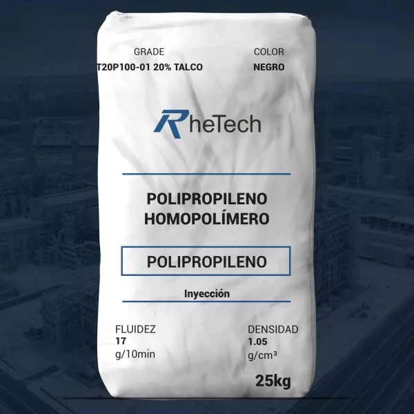 Nombre del producto: PP - PPR - MFI17 - RHETECH - PPR T20P100-01 20% TALCO Categoría: Polipropileno Marca: rheTech Material: Polipropileno homopolímero Color: Negro Número de producto: T20P100-01 Fluidez: 17 g/10min Densidad: 1.05 g/cm³ Capacidad: 25 kg Uso: Inyección Diferenciadores técnicos: - Contiene 20% de talco - Específico para aplicaciones de inyección Características relevantes: - Producto en bolsa con etiquetado claro - Detalles técnicos destacados en la etiqueta