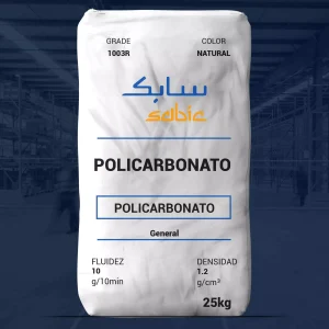 Nombre del producto: Policarbonato SABIC PC1003R Categoría: Policarbonato Marca: SABIC Color: Natural Tamaño del envase: 25 kg Fluidez: 10 g/10 min Densidad: 1.2 g/cm³ Características físicas y técnicas: - Material: Policarbonato - Densidad: 1.2 g/cm³ - Fluidez: 10 g/10 min - Uso: General - Contenido: 25 kg por bolsa Propiedades destacadas: - Estabilidad al calor y UV. - Aplicaciones en el moldeado de propósito general. No hay detalles visuales adicionales disponibles que describan otros componentes, elementos de diseño o colores.