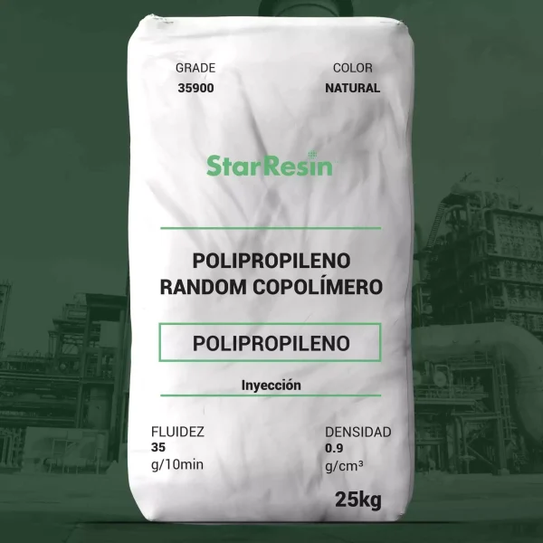 Nombre del producto: PP-RCOPP 35900-STAR RESIN Categoría: Polipropileno Marca: StarResin Color: Natural Peso: 25 kg Propiedades técnicas: - Fluidez: 35 g/10min - Densidad: 0.9 g/cm³ Descripción e información adicional: - Tipo: Polipropileno Random Copolímero - Aplicaciones: Inyección Notas: Este resina es nucleada, contiene agente antistático y se produce sin componentes animales ni ftalatos. Características relevantes: - Útil para la fabricación de productos de consumo y en empaques de alimentos. - Los resultados satisfactorios de este producto dependen de la responsabilidad del cliente para su adecuación en aplicaciones.