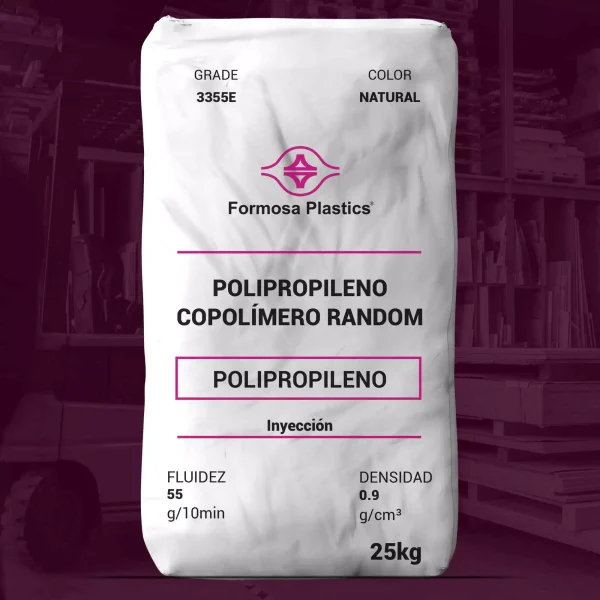 Nombre del producto: Formolene® 3355E Categoría: Polipropileno Marca: Formosa Plastics Color: Natural Fluidez: 55 g/10 min Densidad: 0.9 g/cm³ Peso del paquete: 25 kg Descripción: - Material: Copolímero random de polipropileno apto para inyección. - Funcionalidad: Diseñado para la fabricación de contenedores de almacenamiento claros y envases para alimentos y bebidas. - Aplicaciones: Molding por inyección, incluyendo aplicaciones de paredes delgadas. - Propiedades: - Bajo índice de amarillez y opacidad, optimizado para productos "transparentes". - Permite operar a temperaturas más bajas, contribuyendo a la reducción del tiempo de ciclo y ahorro energético. Cumplimiento: - Cumple con las regulaciones de la FDA para artículos en contacto directo con alimentos (21 CFR 177.1520). - Libre de contenido derivado de animales. Propiedades típicas: - Resistencia a la tracción: 4,200 psi / 29 MPa - Alargamiento a la ruptura: 14% - Módulo de flexión: 150,000 psi / 1,034 MPa - Resistencia al impacto Izod notched: 1.0 ft-lb/in / 53 J/m - Temperatura de deflexión térmica: 178 °F / 81 °C - Opacidad del placa (1 mm): 10% Nota: Los datos son representativos y no deben interpretarse como especificaciones del producto.
