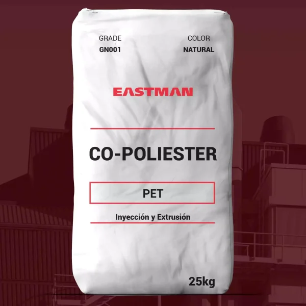 Nombre del producto: PET - MP249 - EASTMAN - GN001 Marca: Eastman Categoría: Tereftalato de Polietileno Color: Natural Capacidad: 25 kg Uso funcional: - Embalaje cosmético y de cuidado personal - Embalaje de alimentos - Embalaje industrial Atributos clave: - Excelente claridad - Excelente tenacidad - Estabilidad ante esterilización gamma, ebeam y ETO - Fácil operación primaria y secundaria Propiedades mecánicas típicas: - Estrés de tensión a la ruptura: 28 MPa (4100 psi) - Alargamiento a la ruptura: 130% - Dureza Rockwell, escala R: 106 Propiedades térmicas: - Temperatura de deflexión a 0.455 MPa: 70°C (158°F) Condiciones de procesamiento típicas: - Temperatura de secado: 71°C (160°F) - Tiempo de secado: 6 horas - Temperatura de fusión de procesamiento: 249-271°C (480-520°F) - Temperatura del molde: 16-38°C (60-100°F) Texto visible en el paquete: - "EASTMAN" - "CO-POLIESTER" - "PET" - "Inyección y Extrusión" - "25kg"