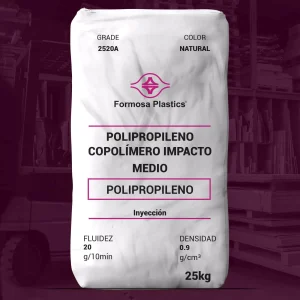Nombre del producto: PP - IMPACTO - MFI20 - FORMOSA - 2520A Categoría: Polipropileno Marca: Formosa Plastics Color: Natural Uso previsto: Aplicaciones de inyección Propiedades físicas y técnicas: - Fluidez: 20 g/10 min - Densidad: 0.9 g/cm3 - Grado: 2520A - Tamaño del embalaje: 25 kg Descripción del producto: Copolímero de polipropileno de impacto medio. Ideal para aplicaciones de inyección, caracterizado por fácil flujo en moldes, balance de propiedades físicas y excelente estabilidad dimensional. Diferenciadores: - Cumple con los requisitos de la FDA para contacto directo con alimentos (21 CFR 177.1520). - Libre de contenido derivado de animales. Aplicaciones recomendadas: - Utensilios de cocina - Pequeños electrodomésticos