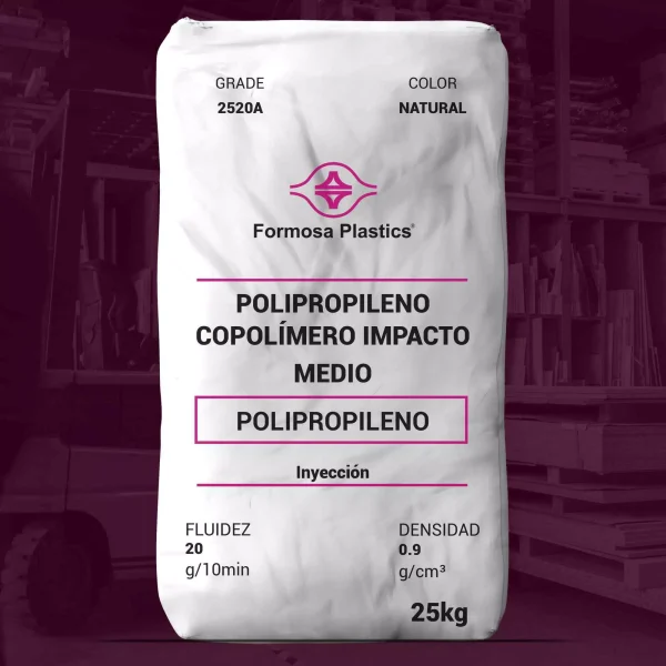 Nombre del producto: PP - IMPACTO - MFI20 - FORMOSA - 2520A Categoría: Polipropileno Marca: Formosa Plastics Color: Natural Uso previsto: Aplicaciones de inyección Propiedades físicas y técnicas: - Fluidez: 20 g/10 min - Densidad: 0.9 g/cm3 - Grado: 2520A - Tamaño del embalaje: 25 kg Descripción del producto: Copolímero de polipropileno de impacto medio. Ideal para aplicaciones de inyección, caracterizado por fácil flujo en moldes, balance de propiedades físicas y excelente estabilidad dimensional. Diferenciadores: - Cumple con los requisitos de la FDA para contacto directo con alimentos (21 CFR 177.1520). - Libre de contenido derivado de animales. Aplicaciones recomendadas: - Utensilios de cocina - Pequeños electrodomésticos