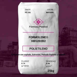 Nombre del producto: FORMOLENE® HB5202B2 Marca: Formosa Plastics Categoría: Polietileno Color: Natural Peso: 25 kg Fluidez: 0.14 g/10 min Densidad: 0.94 g/cm³ Uso: Extrusión con soplado, Extrusión, Película soplada y Soplado Características destacadas: - Material: Polietileno - Aplicaciones sugeridas: Extrusión y productos de película soplada - Grado: PE 235 Elementos técnicos: - Cumple con especificaciones para aplicaciones de polietileno - Alto rendimiento para diversas aplicaciones industriales