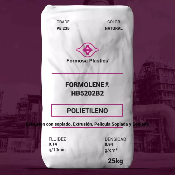 Nombre del producto: FORMOLENE® HB5202B2 Marca: Formosa Plastics Categoría: Polietileno Color: Natural Peso: 25 kg Fluidez: 0.14 g/10 min Densidad: 0.94 g/cm³ Uso: Extrusión con soplado, Extrusión, Película soplada y Soplado Características destacadas: - Material: Polietileno - Aplicaciones sugeridas: Extrusión y productos de película soplada - Grado: PE 235 Elementos técnicos: - Cumple con especificaciones para aplicaciones de polietileno - Alto rendimiento para diversas aplicaciones industriales