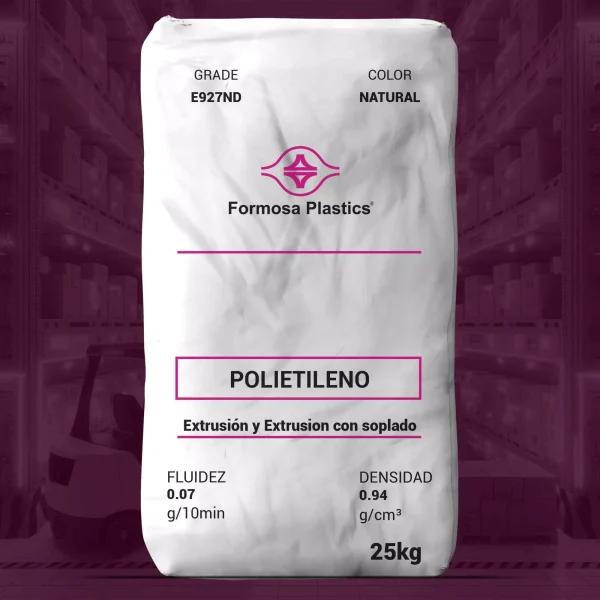 Nombre del producto: Formolene® E927ND Marca: Formosa Plastics Categoría: Polietileno Atributos del producto: - Material: Polietileno de alta densidad (HDPE-HMW) - Color: Natural - Tamaño: 25 kg Propiedades físicas: - Fluidez: 0.07 g/10 min - Densidad: 0.94 g/cm³ Uso y funcionalidad: - Aplicaciones recomendadas: - Bolsas tipo T-shirt - Forros para bolsas multi-pared - Forros para botes de basura y bolsas de uso pesado - Bolsas para mercancías Diferenciadores técnicos: - Diseñado para aplicaciones de extrusión de película de baja grosor - Cumple con requisitos de la FDA para contacto directo con alimentos Texto visible en la imagen: - "POLIETILENO" - "Fluidez" - "Densidad" - "Extrusión y Extrusión con soplado" - "25kg" - "GRADE E927ND" - "COLOR NATURAL"