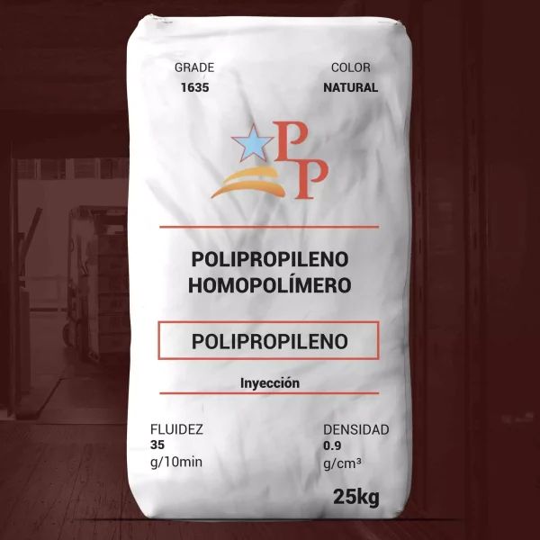 Nombre del producto: PP - HOPP - MFI35 - PINNACLE POLYMERS - PPH 1635 Categoría: Polipropileno Marca: Pinnacle Polymers Tipo: Polipropileno homopolímero Atributos del producto: - Color: Natural - Grado: 1635 - Fluidez: 35 g/10min - Densidad: 0.9 g/cm³ - Capacidad: 25 kg Usos y funcionalidad: - Adecuado para inyección Elementos diferenciadores: - Diseñado para aplicaciones industriales en procesos de inyección.