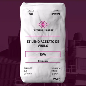 Nombre del producto: EVA - MFI2.5 - FORMOSA - 7350M Categoría: Etileno Acetato de Vinilo Marca: Formosa Plastics Atributos del producto: - Material: Etileno Acetato de Vinilo (EVA) - Color: Natural - Tamaño: 25 kg (peso del paquete) - Fluidez: 2.5 g/10min - Densidad: 0.938 g/cm³ Detalles técnicos: - Procesos de fabricación: Extrusión - Contenido de Acetato de Vinilo: 18% Usos y funcionalidades: - Aplicaciones: Calzado de espuma, suelas intermedias, juntas - Propiedades: Buena resistencia química, excelente elasticidad, alta flexibilidad Propiedades mecánicas (valores típicos): - Resistencia a la tracción (rendimiento): 45 Kg/cm² - Resistencia a la tracción (ruptura): 150 Kg/cm² - Alargamiento al romper: 800% - Dureza Shord A: 88 - Dureza Shord D: 38 Propiedades térmicas: - Punto de fusión: 84 °C - Punto de fragilidad: <-70 °C - Punto de ablandamiento: 60 °C