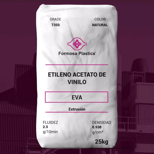 Nombre del producto: EVA - MFI2.5 - FORMOSA - 7350M Categoría: Etileno Acetato de Vinilo Marca: Formosa Plastics Atributos del producto: - Material: Etileno Acetato de Vinilo (EVA) - Color: Natural - Tamaño: 25 kg (peso del paquete) - Fluidez: 2.5 g/10min - Densidad: 0.938 g/cm³ Detalles técnicos: - Procesos de fabricación: Extrusión - Contenido de Acetato de Vinilo: 18% Usos y funcionalidades: - Aplicaciones: Calzado de espuma, suelas intermedias, juntas - Propiedades: Buena resistencia química, excelente elasticidad, alta flexibilidad Propiedades mecánicas (valores típicos): - Resistencia a la tracción (rendimiento): 45 Kg/cm² - Resistencia a la tracción (ruptura): 150 Kg/cm² - Alargamiento al romper: 800% - Dureza Shord A: 88 - Dureza Shord D: 38 Propiedades térmicas: - Punto de fusión: 84 °C - Punto de fragilidad: <-70 °C - Punto de ablandamiento: 60 °C