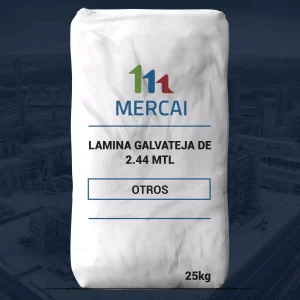 Nombre del producto: LAMINA GALVATEJA DE 2.44 MTL Categoría: Lamina Marca: MERCAI Peso: 25 kg Dimensiones: 2.44 m de largo (especificado en la designación del producto) Otros detalles: - Color de la bolsa: blanco - Información adicional: "OTROS" (posiblemente indica que hay más especificaciones que no se detallan en la imagen) - Texto visible en la bolsa puede incluir instrucciones de uso o advertencias, pero no se observa información adicional. Funcionalidad e uso: Se trata de una lámina galvateja, probablemente diseñada para aplicaciones de construcción o techado, proporcionando estabilidad y resistencia a la intemperie.