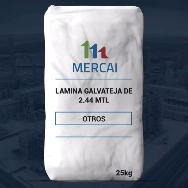 Nombre del producto: LAMINA GALVATEJA DE 2.44 MTL Categoría: Lamina Marca: MERCAI Peso: 25 kg Dimensiones: 2.44 m de largo (especificado en la designación del producto) Otros detalles: - Color de la bolsa: blanco - Información adicional: "OTROS" (posiblemente indica que hay más especificaciones que no se detallan en la imagen) - Texto visible en la bolsa puede incluir instrucciones de uso o advertencias, pero no se observa información adicional. Funcionalidad e uso: Se trata de una lámina galvateja, probablemente diseñada para aplicaciones de construcción o techado, proporcionando estabilidad y resistencia a la intemperie.