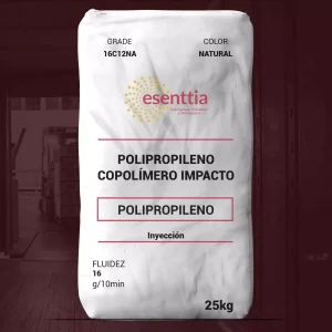 Nombre del producto: PP - IMPACTO - MFI16 - ESENTTIA - 16C12NA Categoría: Polipropileno Marca: Esenttia Color: Natural Peso: 25 kg Fluidez: 16 g/10 min Tipo: Copolímero de impacto de polipropileno Características: - Buen balance entre impacto y rigidez - Excelente estabilidad dimensional - Aditivos nucleantes y antistáticos Recomendado para: - Moldeo por inyección de envases rígidos como baldes y utensilios domésticos - Aplicaciones industriales Limitaciones: - No adecuado para aplicaciones médicas sin pruebas adicionales - Para usos en contacto con alimentos, solicitar información de cumplimiento regulatorio Canales de servicio al cliente: - Sitio web: www.esenttia.co - Teléfono: (+57)(60)(1) 5960210 - Correo electrónico: servicioalcliente@esenttia.co