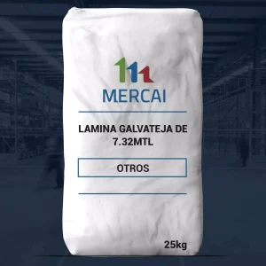 Nombre del producto: LAMINA GALVATEJA DE 7.32MTL Categoría: Lamina Atributos del producto: - **Material**: Galvanizado - **Color**: No especificado - **Tamaño**: 7.32 metros de longitud - **Peso**: 25 kg - **Marca**: MERCAI Detalles funcionales: - **Uso**: Ideal para construcción, techos, y revestimientos. Textos visibles: - "LAMINA GALVATEJA DE 7.32MTL" - "MERCIA" (marca) - "25kg" - "OTROS" Diferenciadores técnicos: - Producto galvanizado, lo que sugiere resistencia a la corrosión.