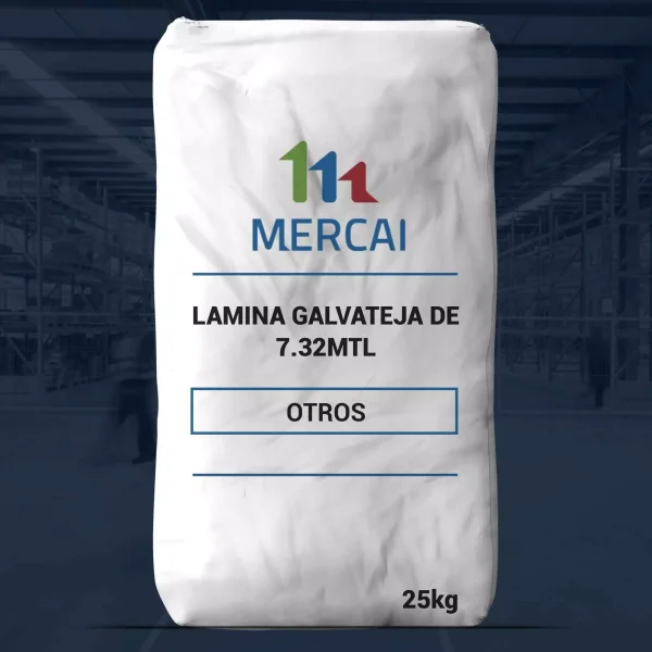 Nombre del producto: LAMINA GALVATEJA DE 7.32MTL Categoría: Lamina Atributos del producto: - **Material**: Galvanizado - **Color**: No especificado - **Tamaño**: 7.32 metros de longitud - **Peso**: 25 kg - **Marca**: MERCAI Detalles funcionales: - **Uso**: Ideal para construcción, techos, y revestimientos. Textos visibles: - "LAMINA GALVATEJA DE 7.32MTL" - "MERCIA" (marca) - "25kg" - "OTROS" Diferenciadores técnicos: - Producto galvanizado, lo que sugiere resistencia a la corrosión.
