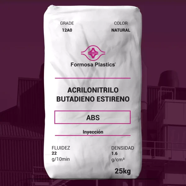 Nombre del producto: ABS - MFI22 - FORMOSA - TAIRILAC AG12A0 Categoría: Acrilonitrilo Butadieno Estireno Marca: Formosa Plastics Características del producto: - Color: Natural - Fluidez: 22 g/10 min - Densidad: 1.6 g/cm³ - Peso: 25 kg - Aplicación: Inyección Atributos técnicos relevantes: - Tipo de material: Acrilonitrilo Butadieno Estireno (ABS) - Propiedades mecánicas: Alta resistencia al impacto - Grado: General Purpose Identificación de texto visible: - "Formosa Plastics" - "ACRILONITRILO BUTADIENO ESTIRENO" - "ABS" - "Inyección" - "GRADE 12A0" - "COLOR NATURAL" Conclusiones sobre funcionalidad: - El producto está diseñado para procesos de inyección. Su alta fluidez y densidad lo hacen adecuado para diversas aplicaciones en la industria del plástico.
