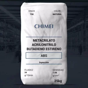 Nombre del producto: ABS - MFI34 - CHIMEI - MABS PA 758 Categoría: Acrilonitrilo Butadieno Estireno Marca: CHIMEI Descripción del producto: Metacrilato Acrilonitrilo Butadieno Estireno, natural. Atributos del producto: - **Fluidez**: 34 g/10 min - **Densidad**: 1.08 g/cm³ - **Grado**: 758 - **Color**: Natural - **Peso del paquete**: 25 kg - **Uso recomendado**: Inyección Elementos técnicos destacados: - **Material**: Acrilonitrilo Butadieno Estireno (ABS) - **Propiedades físicas**: Define el comportamiento en condiciones específicas, como temperatura y presión. No se observa información adicional sobre componentes visuales o detalles de diseño.