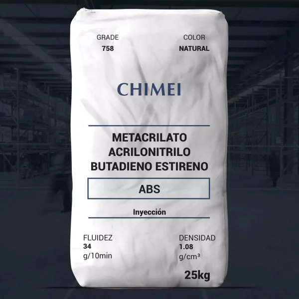 Nombre del producto: ABS - MFI34 - CHIMEI - MABS PA 758 Categoría: Acrilonitrilo Butadieno Estireno Marca: CHIMEI Descripción del producto: Metacrilato Acrilonitrilo Butadieno Estireno, natural. Atributos del producto: - **Fluidez**: 34 g/10 min - **Densidad**: 1.08 g/cm³ - **Grado**: 758 - **Color**: Natural - **Peso del paquete**: 25 kg - **Uso recomendado**: Inyección Elementos técnicos destacados: - **Material**: Acrilonitrilo Butadieno Estireno (ABS) - **Propiedades físicas**: Define el comportamiento en condiciones específicas, como temperatura y presión. No se observa información adicional sobre componentes visuales o detalles de diseño.