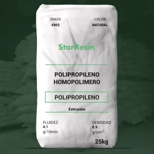 Nombre del producto: PP - HOPP - MFI2 - STAR RESIN - 4902 Marca: StarResin Categoría: Polipropileno Color: Natural Tamaño: 25 kg Propiedades técnicas: - Fluidez: 4.1 g/10 min (D 1238) - Densidad: 0.9 g/cm³ (D 792) - Resistencia a la tracción en el rendimiento: 5100 psi (D 638) - Módulo de flexión: 222000 psi (D 790) - Alargamiento a la tracción en el rendimiento: 11% (D 638) - Impacto Notched Izod a 23 °C: 52 J/m (D 256) - Impacto Notched Izod a 73 °F: 0.972 ft.lb/in (D 256) Aplicaciones de extracción: - Película estacionaria - Artículos para el hogar - Raffia/cintas/polipropileno - Contenedores transparentes Descripción: PP 4902 es un homopolímero de polipropileno de baja fluidez disponible en forma de pellets. Se utiliza comúnmente en aplicaciones de moldeo por inyección o extrusión, frecuentemente vendido en mercados de raffia.