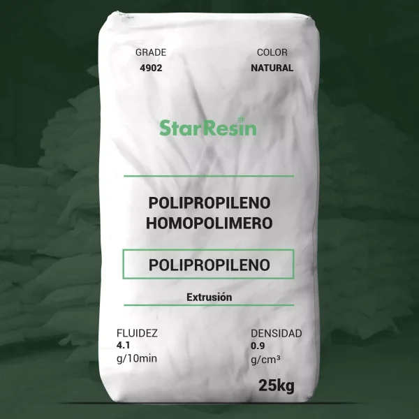 Nombre del producto: PP - HOPP - MFI2 - STAR RESIN - 4902 Marca: StarResin Categoría: Polipropileno Color: Natural Tamaño: 25 kg Propiedades técnicas: - Fluidez: 4.1 g/10 min (D 1238) - Densidad: 0.9 g/cm³ (D 792) - Resistencia a la tracción en el rendimiento: 5100 psi (D 638) - Módulo de flexión: 222000 psi (D 790) - Alargamiento a la tracción en el rendimiento: 11% (D 638) - Impacto Notched Izod a 23 °C: 52 J/m (D 256) - Impacto Notched Izod a 73 °F: 0.972 ft.lb/in (D 256) Aplicaciones de extracción: - Película estacionaria - Artículos para el hogar - Raffia/cintas/polipropileno - Contenedores transparentes Descripción: PP 4902 es un homopolímero de polipropileno de baja fluidez disponible en forma de pellets. Se utiliza comúnmente en aplicaciones de moldeo por inyección o extrusión, frecuentemente vendido en mercados de raffia.