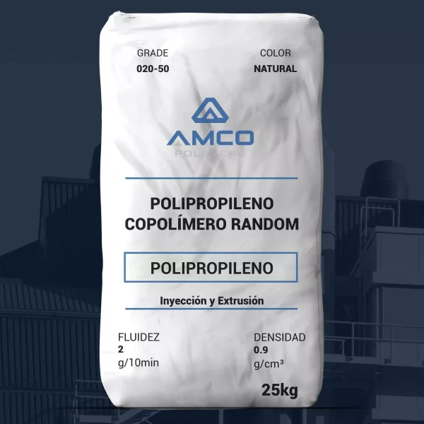 Nombre del producto: Polipropileno Copolímero Random Marca: AMCO Categoría: Polipropileno Color: Natural Peso: 25 kg Fluidez: 2 g/10 min Densidad: 0.9 g/cm³ Métodos de procesamiento: Inyección y Extrusión Características: - Copolímero random - Alta claridad - Fácil liberación del molde Aplicaciones: - Botellas moldeadas por extrusión - Packaging rígido - Cosméticos Nota: Este producto está destinado a aplicaciones generales y cumple con los requisitos de contacto alimentario.