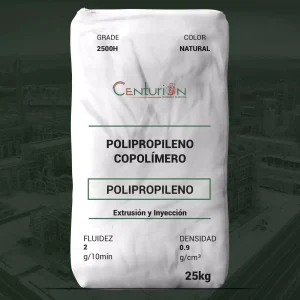 Nombre del producto: PP - IMPACTO - MFI2 - CENTURION - 2500H Categoría: Polipropileno Marca: CENTURION Color: Natural Tamaño: 25 kg Características y especificaciones técnicas: - **Material**: Polipropileno copolímero de alto impacto - **Fluidez**: 2 g/10 min - **Densidad**: 0.9 g/cm³ Propiedades mecánicas: - **Resistencia a la tracción (a la ruptura)**: ≥ 19 MPa - **Módulo de flexión**: 970 MPa - **Resistencia al impacto Izod (a -20°C)**: 8 KJ/m² - **Resistencia al impacto Izod (a 23°C)**: 70 KJ/m² - **Temperatura de deformación bajo carga**: 83 °C Información adicional: - **Aplicaciones**: Botellas moldeadas por soplado, componentes, hojas de grosor pesado para contenedores termoformados, extrusiones de perfiles incluyendo cartón corrugado. - **Industrias**: Embalaje, electrodomésticos, automotriz.
