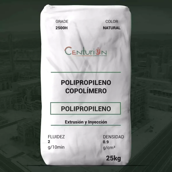 Nombre del producto: PP - IMPACTO - MFI2 - CENTURION - 2500H Categoría: Polipropileno Marca: CENTURION Color: Natural Tamaño: 25 kg Características y especificaciones técnicas: - **Material**: Polipropileno copolímero de alto impacto - **Fluidez**: 2 g/10 min - **Densidad**: 0.9 g/cm³ Propiedades mecánicas: - **Resistencia a la tracción (a la ruptura)**: ≥ 19 MPa - **Módulo de flexión**: 970 MPa - **Resistencia al impacto Izod (a -20°C)**: 8 KJ/m² - **Resistencia al impacto Izod (a 23°C)**: 70 KJ/m² - **Temperatura de deformación bajo carga**: 83 °C Información adicional: - **Aplicaciones**: Botellas moldeadas por soplado, componentes, hojas de grosor pesado para contenedores termoformados, extrusiones de perfiles incluyendo cartón corrugado. - **Industrias**: Embalaje, electrodomésticos, automotriz.