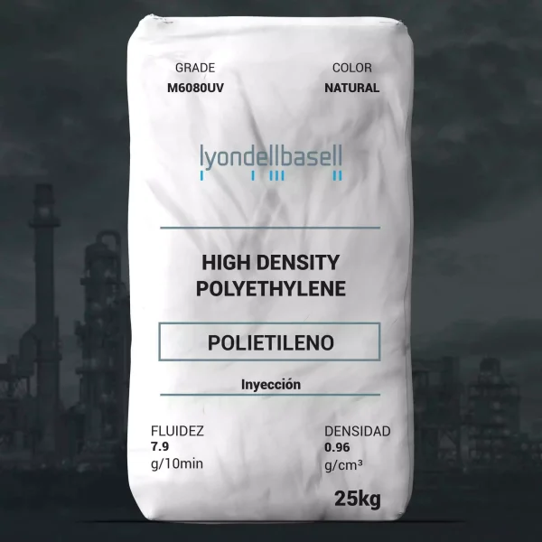 Nombre del producto: PE - HDPE - MFI7.9 - LYONDELLBASELL - M6080UV Categoría: Polietileno Marca: LyondellBasell Color: Natural Tamaño del envase: 25 kg Información técnica: - Fluidez: 7.9 g/10 min - Densidad: 0.96 g/cm³ Descripción del producto: Alathon M6080UV es un polietileno de alta densidad que presenta características de flujo mejoradas y un buen equilibrio entre rigidez y resistencia al impacto. Incluye un estabilizador UV para aplicaciones al aire libre. Aplicaciones: - Cajas - Bandejas - Contenedores Método de procesamiento: Moldeo por inyección Estado: Comercial: Activo Disponibilidad: América del Norte Diferenciadores técnicos: - Adecuado para aplicaciones al aire libre debido al estabilizador UV. - Balance óptimo entre rigidez y resistencia. Nota: La información sobre la seguridad y cumplimiento regulatorio está disponible mediante contacto con el representante de seguridad del producto de LyondellBasell.