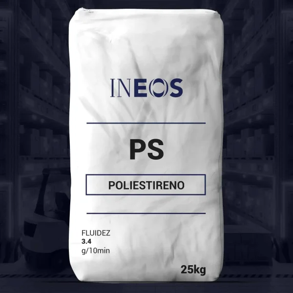 Nombre del producto: PS - GPPS - MFI 3.4 - 2600/2601 Categoría: Poliestireno Atributos del producto: - Material: Poliestireno - Color: Blanco (en el envase) - Tamaño/Capacidad: 25 kg - Fluidez: 3.4 g/10 min Detalles y componentes: - Marca: INEOS - Tipo de producto: Granulado de poliestireno Uso y funcionalidad: - Utilizado en procesos de moldes y aplicaciones en la industria. - Adecuado para productos que requieren un material ligero y fácil de trabajar. Elementos técnicos: - Envase de plástico para proteger el contenido. Diferenciadores: - Fluidez especificada, lo que indica un rendimiento particular en aplicaciones de procesamiento. Texto visible en el envase: - "INEOS" - "PS" - "POLIESTIRENO" - "FLUIDEZ 3.4 g/10min" - "25 kg"