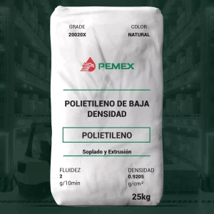 Nombre del producto: PE-Pemex PX 20020 X-PEMEX Categoría: Polietileno Marca: PEMEX Color: Natural Cantidad: 25 kg **Características del producto:** - Tipo: Polietileno de baja densidad - Índice de fluidez: 2 g/10 min - Densidad: 0.9205 g/cm³ - Grado: Homopolímero grado película sin aditivos - Recomendado para: Moldeo por soplado o extrusión - Proporciona: Nebulosidad aceptable, buena claridad, excelente brillo y alta resistencia mecánica. **Usos y aplicaciones:** - Películas en general - Películas para bolsa de uso general - Empaques y envases para alimentos - Inyección de tapas inviolables - Juguetes - Perfiles - Manguera de baja presión **Condiciones de operación:** - Temperatura: 160-190° C - Dado: 170-190° C - Relación de soplado: 1.5 a 3 veces el diámetro del dado **Propiedades del material:** - Resistencia máxima a la tensión: 63.7 MPa (364 psi) - Elongación al rompimiento: 10.9 MPa (1579 psi) - Módulo de Young (secante): no disponible - Resistencia al impacto por caída de dardo: 4 / 22 (no disponible) - Resistencia al rasgado: no disponible - Nebulosidad/claridad: no disponible Esta información puede ser útil para la creación de una página de ventas y explicación del producto.