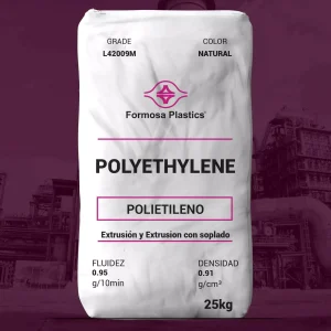 Nombre del producto: PE - LLDPE - MFI0.95 - FORMOSA - FORMOLENE L42009M Categoría: Polietileno Marca: Formosa Plastics Características físicas: - Color: Natural - Tamaño: 25 kg - Densidad: 0.91 g/cm³ - Fluidez: 0.95 g/10 min Aplicaciones sugeridas: - Resina para mezclas - Forros industriales - Empaque industrial - Bolsas para prendas - Co-extrusión Propiedades técnicas relevantes: - Tecnología: Gas-phase - Uso: Grado film de uso general, adecuado para contacto con alimentos (según FDA 21 CFR 177.1520) - Excelentes propiedades de resistencia y dureza Diferenciadores: - Diseñado para aplicaciones de extrusión de película - Capacidad de ser mezclado con aditivos específicos Texto visible en el empaque: - "POLYETHYLENE" - "POLIETILENO" - "Extrusión y Extrusión con soplado"