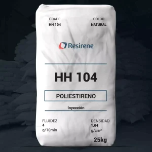 Nombre del producto: PE - GPPS - MFI4 - RESIRENE - HH 104 Categoría: Poliestireno Características del producto: - Material: Poliestireno - Color: Natural - Presentación: Bolsa de 25 kg Especificaciones técnicas: - Fluidez: 4 g/10 min - Densidad: 1.04 g/cm³ Aplicaciones: - Moldeo por inyección - Barriles de bolígrafos - Artículos desechables - Artículos escolares y de oficina Propiedades mecánicas: - Tensión a la ruptura: 6,630 Psi (46 MPa) - Módulo en tensión: 500 Kpsi (3,450 MPa) - Elongación a la ruptura: 5% Propiedades térmicas: - Temperatura Vicat: 225°F (107°C) - HDT @ 264 psi: 185°F (85°C) Cumplimiento: - FDA: 21 CFR 177.1640 - Flamabilidad: HB (UL 94) Advertencia: La combustión de este material puede generar humos y vapores peligrosos.