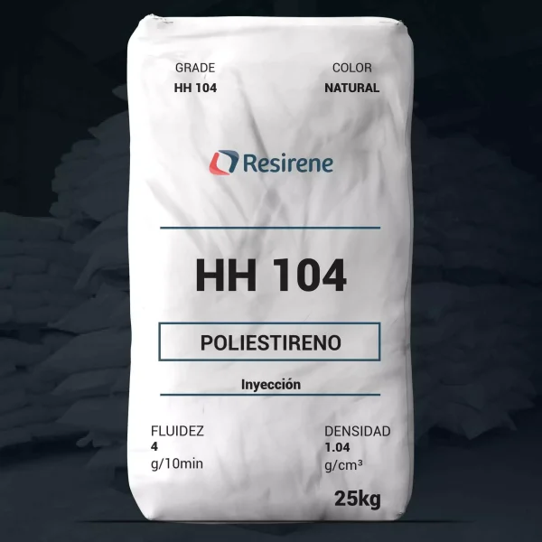 Nombre del producto: PE - GPPS - MFI4 - RESIRENE - HH 104 Categoría: Poliestireno Características del producto: - Material: Poliestireno - Color: Natural - Presentación: Bolsa de 25 kg Especificaciones técnicas: - Fluidez: 4 g/10 min - Densidad: 1.04 g/cm³ Aplicaciones: - Moldeo por inyección - Barriles de bolígrafos - Artículos desechables - Artículos escolares y de oficina Propiedades mecánicas: - Tensión a la ruptura: 6,630 Psi (46 MPa) - Módulo en tensión: 500 Kpsi (3,450 MPa) - Elongación a la ruptura: 5% Propiedades térmicas: - Temperatura Vicat: 225°F (107°C) - HDT @ 264 psi: 185°F (85°C) Cumplimiento: - FDA: 21 CFR 177.1640 - Flamabilidad: HB (UL 94) Advertencia: La combustión de este material puede generar humos y vapores peligrosos.