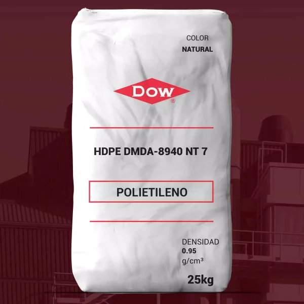 Nombre del producto: HDPE DMDA-8940 NT 7 Categoría: Polietileno Marca: Dow Color: Natural Tamaño: 25 kg Densidad: 0.95 g/cm³ Características destacadas: - Polietileno de alta densidad (HDPE) - Ideal para aplicaciones de moldeo por inyección - Utilizado en productos como utensilios para el hogar, juguetes y envases de alimentos Uso y funcionalidad: - Diseñado para proporcionar un equilibrio entre resistencia, resistencia a grietas por tensión y procesabilidad. Diferenciadores técnicos: - Densidad nominal de 0.95 g/cm³ - Proceso de producción UNIPOL™ Instrucciones y etiquetas visibles: - Las propiedades y especificaciones se deben confirmar mediante pruebas propias. - Consultar regulaciones para detalles completos.