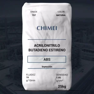 Nombre del producto: ABS - MFI19 - CHIMEI - PA 757 Categoría: Acrilonitrilo Butadieno Estireno Atributos del producto: - **Marca**: CHIMEI - **Material**: Acrilonitrilo Butadieno Estireno (ABS) - **Color**: Natural - **Fluidez**: 19 g/10min - **Densidad**: 1.05 g/cm³ - **Peso**: 25 kg Detalles técnicos: - **Funcionalidad**: Ideal para aplicaciones de inyección. - **Usos**: Fabricación de componentes plásticos. - **Calidad del producto**: Grado 757. Diferenciadores: - Alta fluidez para procesos de inyección. - Densidad adecuada para diversas aplicaciones industriales. Texto visible: - "ACRILONITRILO BUTADIENO ESTIRENO" - "ABS" - "Inyección" - "GRADE 757" - "COLOR NATURAL" - "FLUIDEZ 19 g/10min" - "DENSIDAD 1.05 g/cm³" - "25kg"