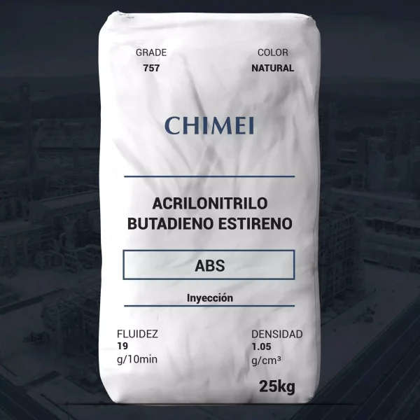Nombre del producto: ABS - MFI19 - CHIMEI - PA 757 Categoría: Acrilonitrilo Butadieno Estireno Atributos del producto: - **Marca**: CHIMEI - **Material**: Acrilonitrilo Butadieno Estireno (ABS) - **Color**: Natural - **Fluidez**: 19 g/10min - **Densidad**: 1.05 g/cm³ - **Peso**: 25 kg Detalles técnicos: - **Funcionalidad**: Ideal para aplicaciones de inyección. - **Usos**: Fabricación de componentes plásticos. - **Calidad del producto**: Grado 757. Diferenciadores: - Alta fluidez para procesos de inyección. - Densidad adecuada para diversas aplicaciones industriales. Texto visible: - "ACRILONITRILO BUTADIENO ESTIRENO" - "ABS" - "Inyección" - "GRADE 757" - "COLOR NATURAL" - "FLUIDEZ 19 g/10min" - "DENSIDAD 1.05 g/cm³" - "25kg"