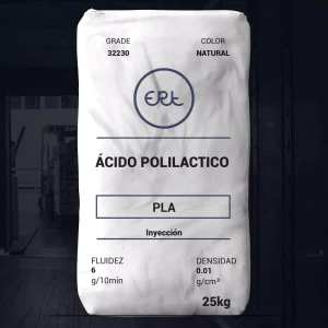 Nombre del producto: PLA - MFI6 - ERT - FC 32230 Categoría: Ácido Poliláctico Marca: Earth Renewable Technologies (ERT) Color: Natural Peso: 25 kg Fluidez: 6 g/10 min Densidad: 1.0 g/cm³ Uso: Inyección Diferenciadores técnicos: - Fabricado con PLA compuesto reforzado con fibra celulósica - Comportamiento ambientalmente sostenible - Apto para aplicaciones de moldeo por inyección Recomendaciones de uso y almacenamiento: - Temperaturas durante transporte y almacenamiento: no exceder 50°C - Tiempo de almacenamiento: máximo 24 meses a temperatura ambiente - Secado previo al procesamiento: 4-6 horas a 80°C - Temperaturas de proceso: no exceder 230°C Propiedades físicas: - Apariencia: Pellet de fibra natural - Número de código del producto: PRO_TDS_06 - Documentación: hoja de datos técnicos disponible Propiedades mecánicas relevantes: - Resistencia a la tracción: > 32 MPa - Alargamiento a la ruptura: < 5% - Resistencia al impacto Izod notched: > 29 J/m - Módulo de flexión: 3200 – 4800 MPa - Temperatura de deflexión bajo carga: 54 °C (antes de cristalización), 73 °C (después de cristalización) Este producto es adecuado para aplicaciones que requieren alta resistencia y un menor impacto ambiental.