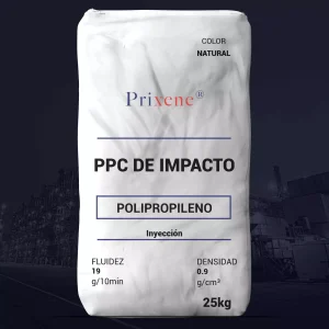 Nombre del producto: PPC de Impacto Copolimero Categoría: Polipropileno Marca: Prixene Atributos del producto: - Material: Polipropileno - Color: Natural - Tamaño: 25 kg (peso del paquete) - Fluidez: 19 g/10min - Densidad: 0.9 g/cm³ - Tipo: Inyección Detalles técnicos: - Forma de presentación: Bolsa - Diseño: Etiqueta impresa con información del producto - Componentes: No aplicable (producto en estado de polvo) Funcionalidad: - Uso previsto: Material para procesos de inyección en manufactura. Texto visible: - "PPC DE IMPACTO" - "POLIPROPILENO" - "Inyección" - "FLUIDEZ 19 g/10min" - "DENSIDAD 0.9 g/cm³" - "25kg" Diferenciadores: - Diseñado específicamente para inyección en productos de polipropileno.