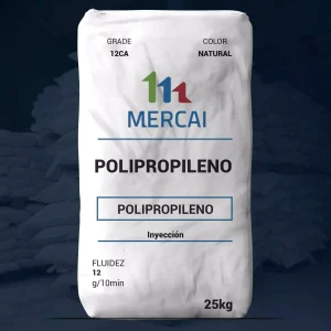 Nombre del producto: PP - PPR - MFI12 - MERCAI - PRI12CA Categoría: Polipropileno Atributos del producto: - Material: Polipropileno - Color: Natural - Tamaño/Capacidad: 25 kg - Fluidez: 12 g/10 min - Proceso: Inyección - Marca: MERCAI - Grado: 12CA Diferenciadores o elementos técnicos: - Uso de inyección para procesos de manufactura - Grado y fluidez indicados para aplicación específica Uso y funcionalidad: El producto es un material base de polipropileno utilizado en procesos de inyección, ideal para la fabricación de diversos productos plásticos.