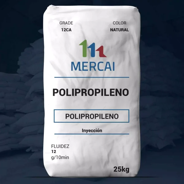 Nombre del producto: PP - PPR - MFI12 - MERCAI - PRI12CA Categoría: Polipropileno Atributos del producto: - Material: Polipropileno - Color: Natural - Tamaño/Capacidad: 25 kg - Fluidez: 12 g/10 min - Proceso: Inyección - Marca: MERCAI - Grado: 12CA Diferenciadores o elementos técnicos: - Uso de inyección para procesos de manufactura - Grado y fluidez indicados para aplicación específica Uso y funcionalidad: El producto es un material base de polipropileno utilizado en procesos de inyección, ideal para la fabricación de diversos productos plásticos.